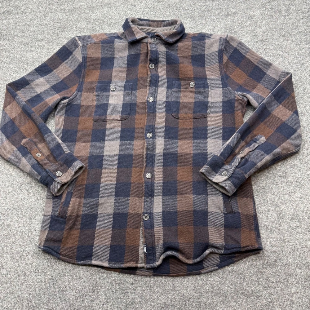 Johnnie-O Shacket Mens Large Navy Brown Plaid Flannel Button Down Shirt Jacket